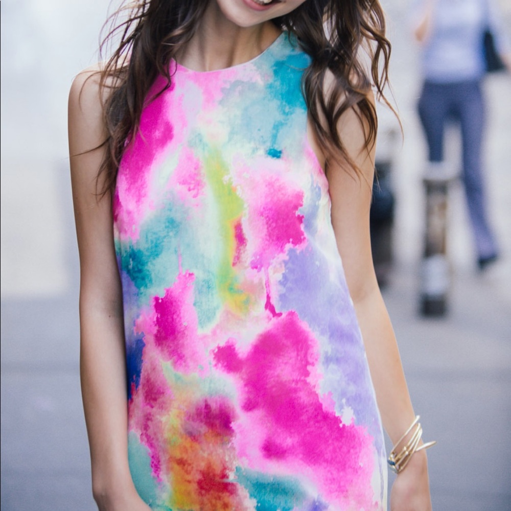 Hot pink multicolor Watercolor mini a-line shift dress
